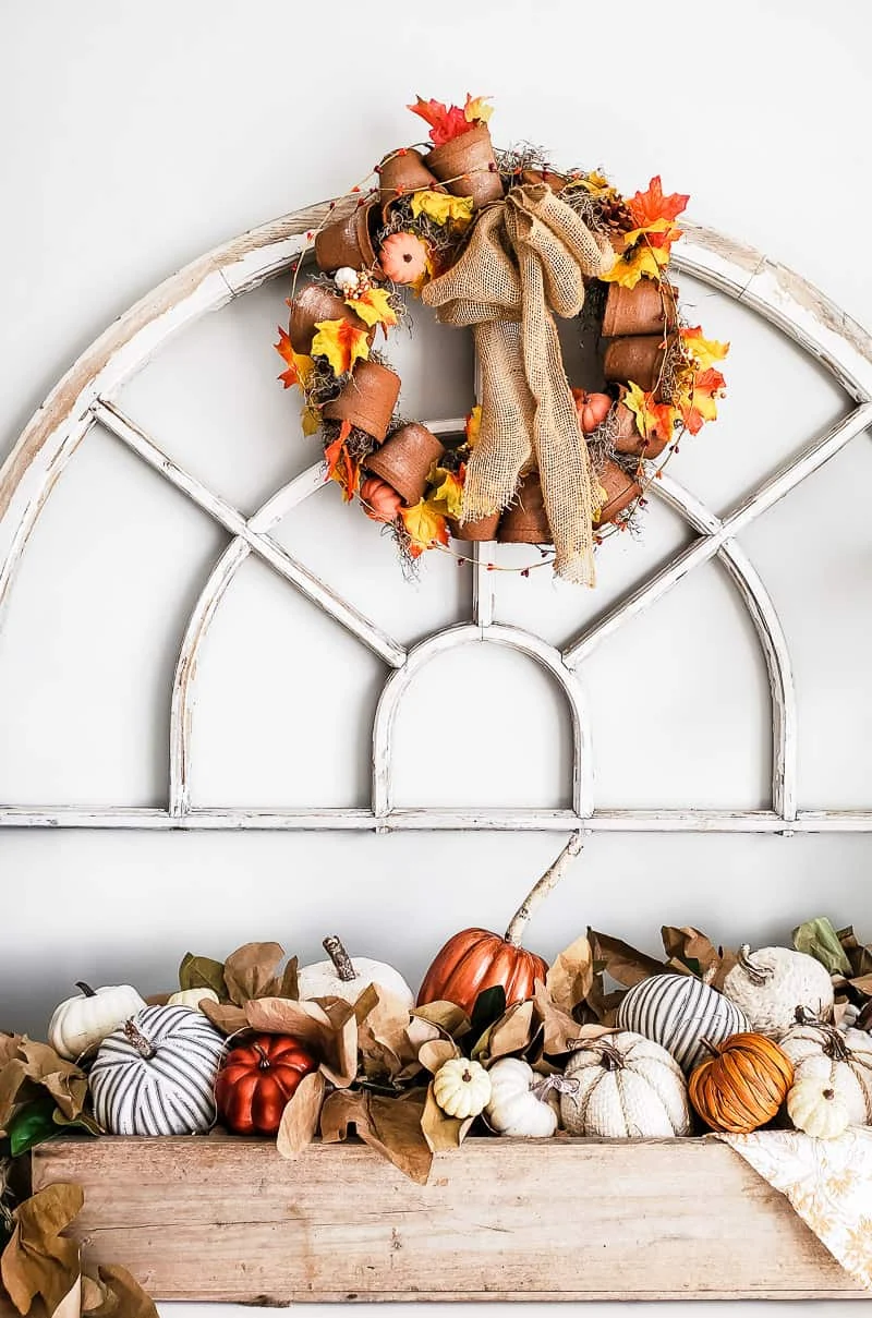 terracotta peat pot fall wreath, vintage window, wood crate, pumpkins