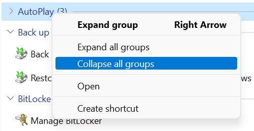 Screenshot showing right click Collapse all groups