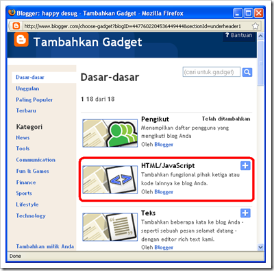 Tambahkan Gadget HTML/JavaScript