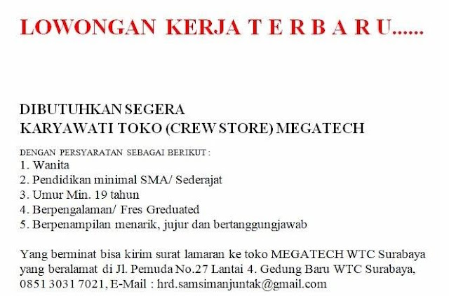 Lowongan Kerja Karyawati Toko Megatech Surabaya