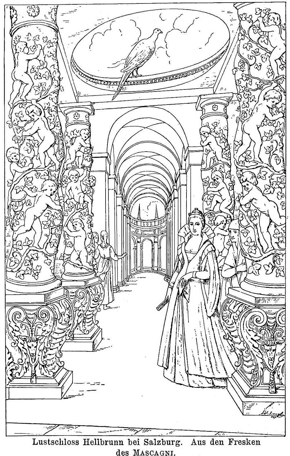 1890 illustration, a woman standing beneath ornate pillars with cherubs, Lustschloss