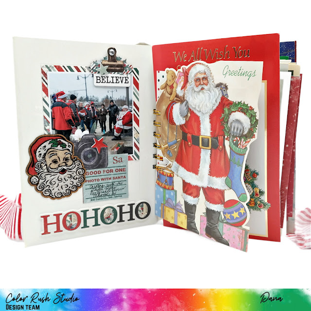 Dana Tatar shares her December Daily Mini Album cover design and festive inner pages created from upcycled Christmas cards for Color Rush Studio.