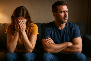 A confident man sitting calmly while a distressed woman cries, symbolizing emotional leadership during conflict.