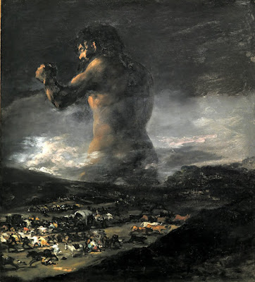 pintura "el coloso" atribuida a goya pero de un alumno suyo, donde un gigante atraviesa las montañas tras una escena de personas huyendo espantadas