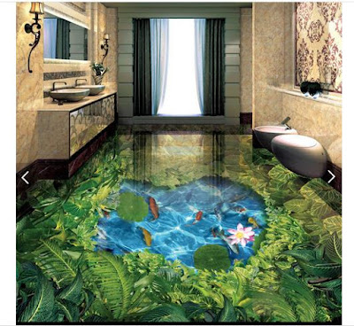 3d floor designing on tiles with small pond in the middle and meadow on the side with so much greenery and plants
