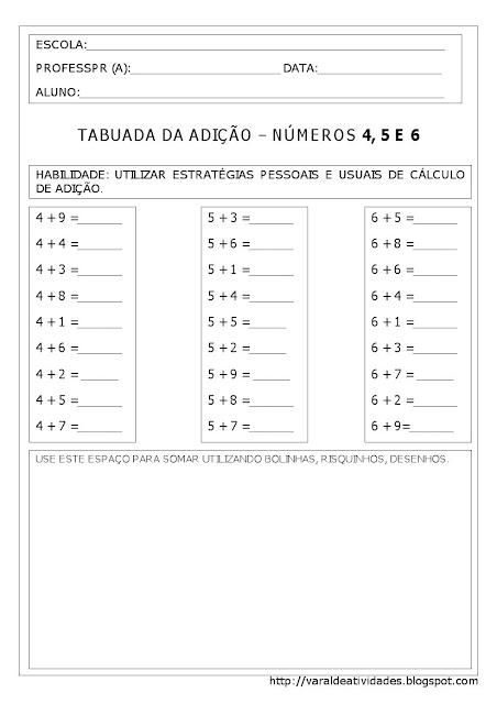 Atividades - Tabuada da Adição com o objetivo de estimular o educando a utilizar estratégias pessoais e usuais de cálculo de adição.