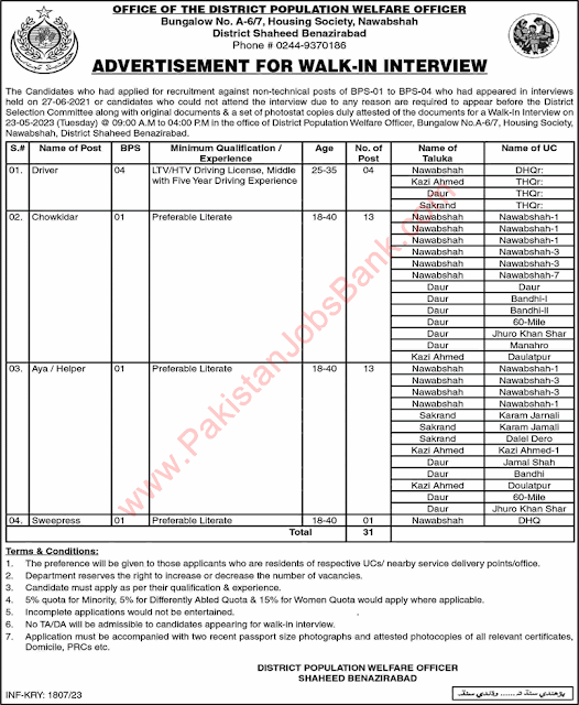 Population Welfare Department Shaheed Benazirabad Jobs 2023 May Chowkidar, Aya & Others Walk in Interview Latest jobs