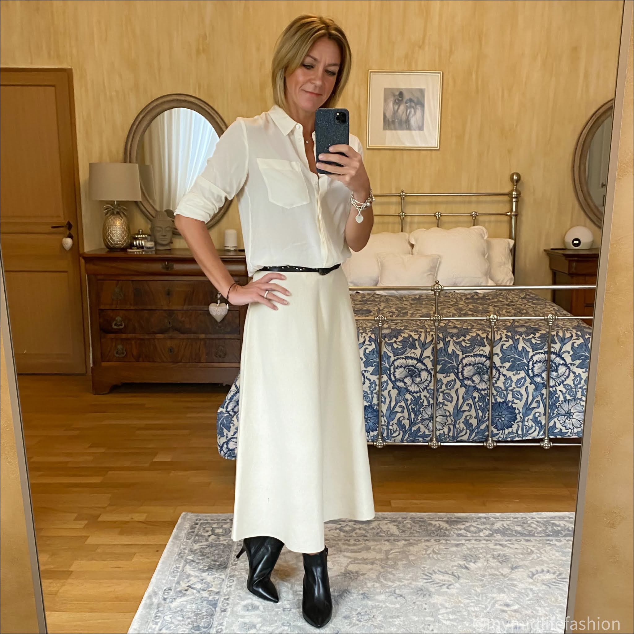 my midlife fashion, marks and Spencer pure silk Long sleeve shirt, sole bliss Brooke ankle boots, Joseph wide studded leather belt, next a line knitted skirt