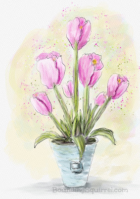 Picture shows a line and wash digital watercolour sketch of pretty pink tulips