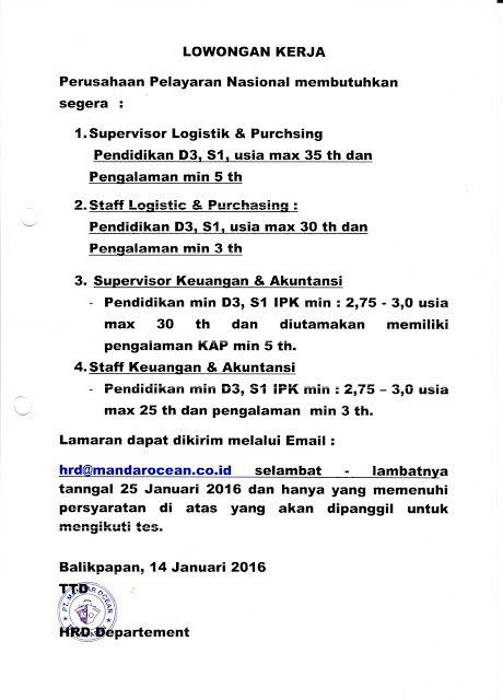 Lowongan Kerja Kota Balikpapan: PERUSAHAAN PELAYARAN NASIONAL