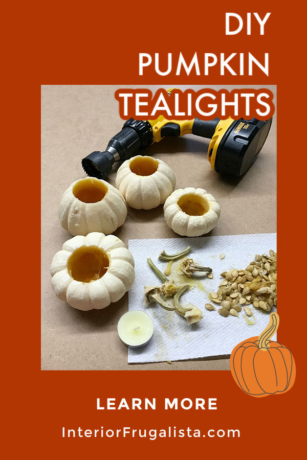 How to turn real mini pumpkins into tealight candle holders for fall by Interior Frugalista plus tips for how to preserve the pumpkin stems to use for future fall crafts. #pumpkincrafts #pumpkincarving