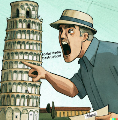 OpenAI DallE A man shouting at a leaning tower of Pisa - illustration Jonathan Haidt on vacation