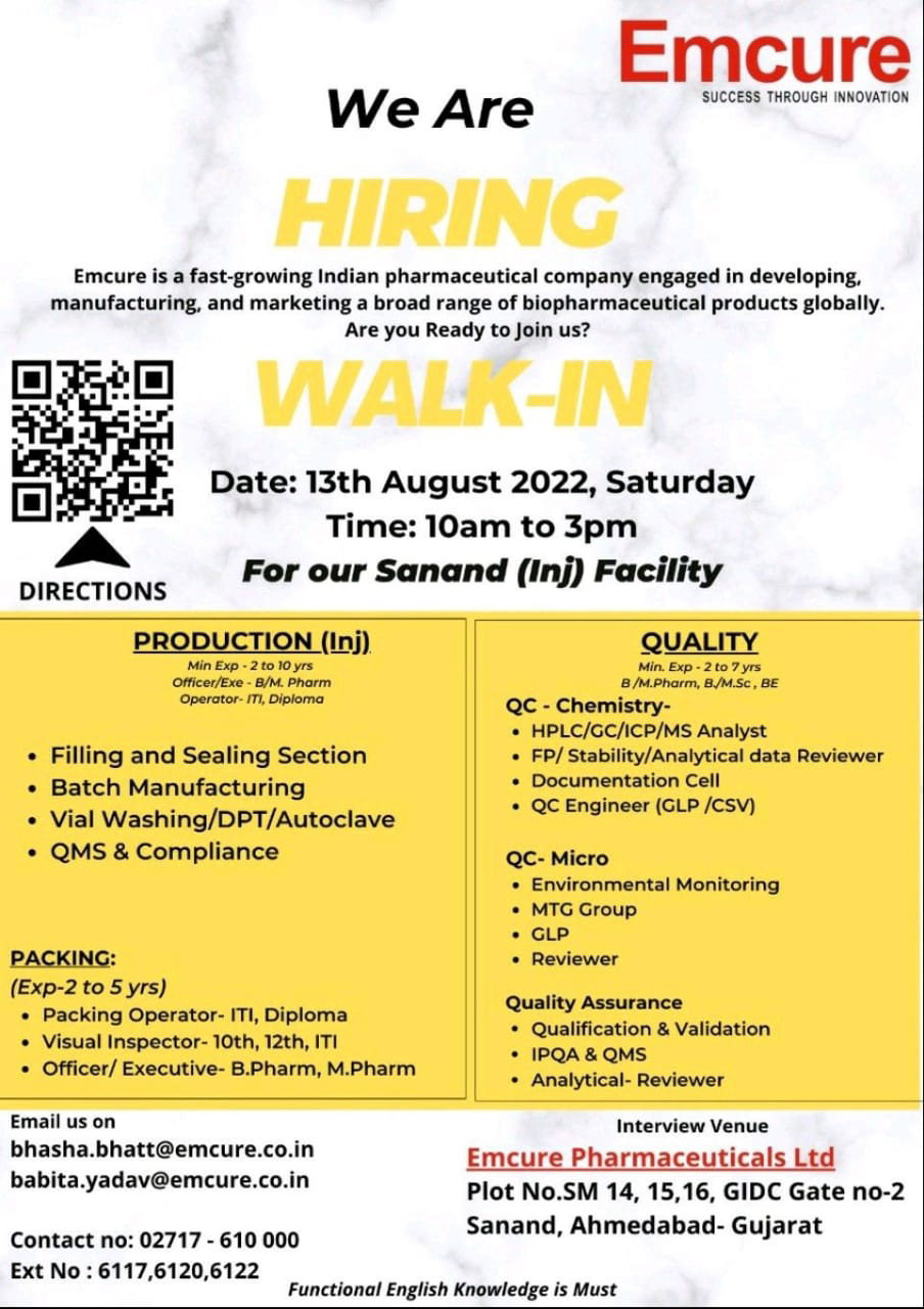Job Available's for Emcure Pharmaceuticals Ltd Walk-In Interview for QC/ QA/ Production