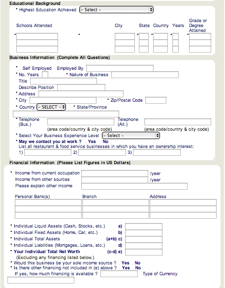 Subway Franchise Application Form