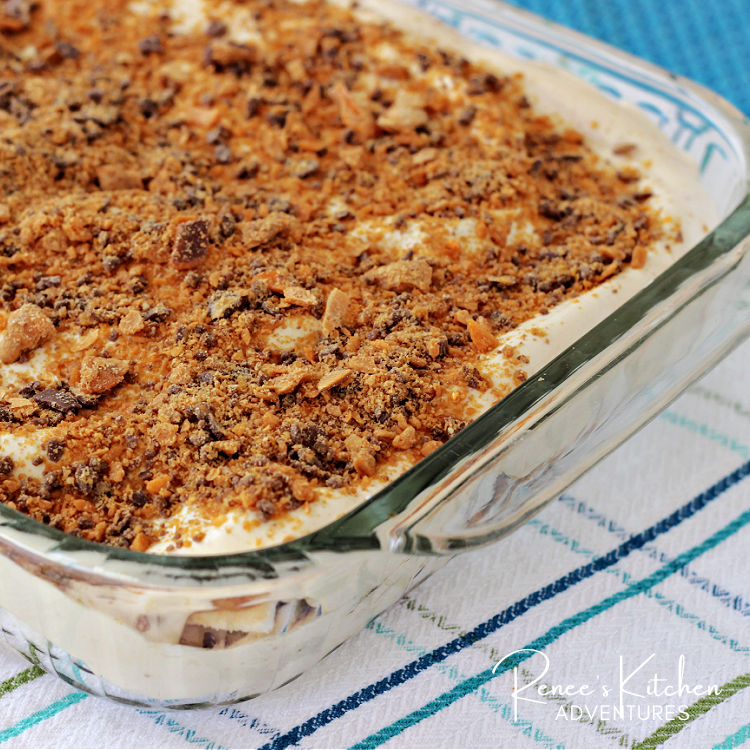 Easy No-Bake Butterfinger Dessert with Angel Food Cake in pan ready to serve
