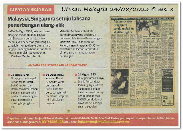 Lipatan sejarah 24 Ogos - Keratan akhbar Utusan Malaysia 24 Ogos 2023