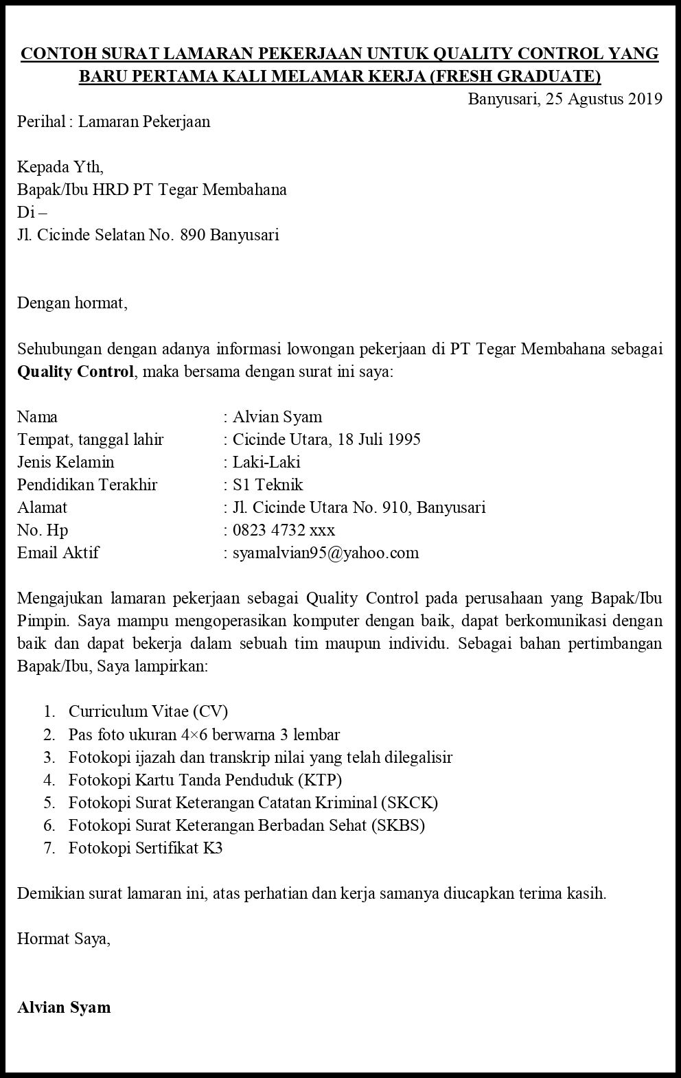 Contoh Surat Lamaran Pekerjaan Untuk Manufaktur Dan Gudang Tanpakoma