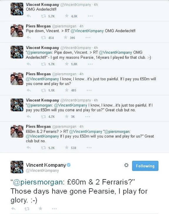 Piers Morgan attempts to lure Vincent Kompany to Arsenal on Twitter