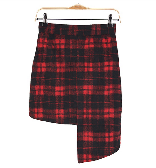 High Waist Asymmetric Check Skirt