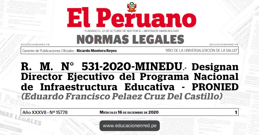 R. M. N° 531-2020-MINEDU.- Designan Director Ejecutivo del Programa Nacional de Infraestructura Educativa - PRONIED (Eduardo Francisco Pelaez Cruz Del Castillo)