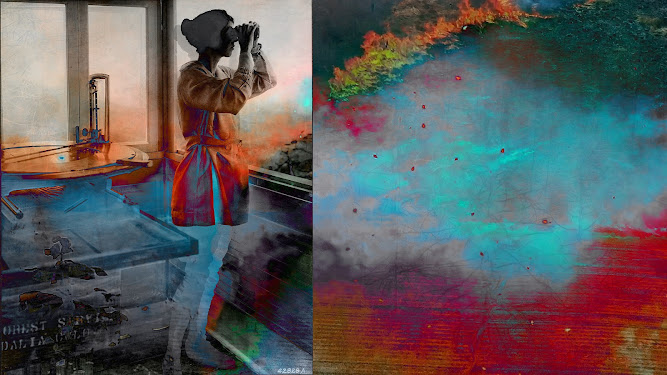 Digital collage of female USFS scout and fire