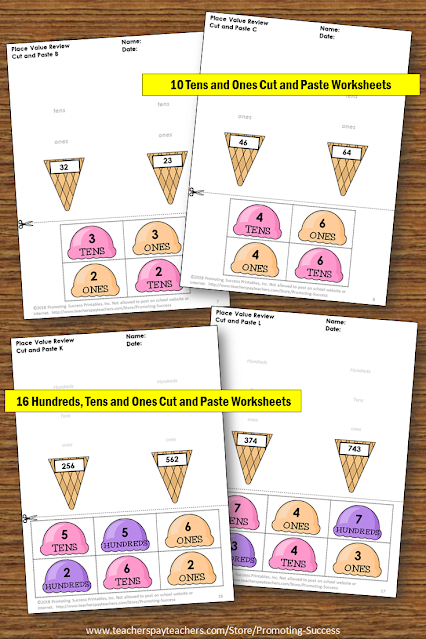 place value cut and paste worksheets hundreds tens ones