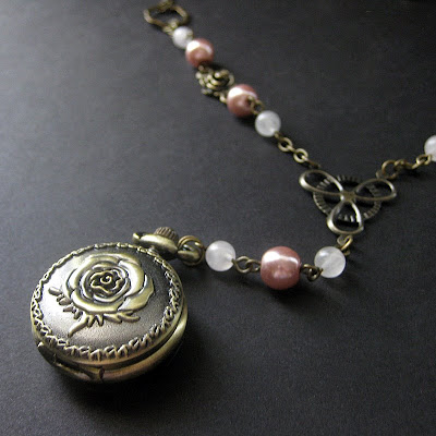 Pink Pearl Necklace with Romantic Rose Pocket Watch