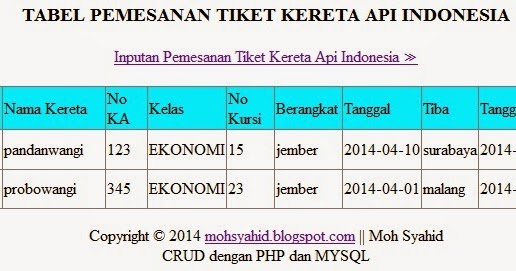 Contoh CRUD Pemesanan Tiket Kereta Api ~ Moh Syahid