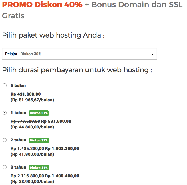 Paket web hosting "Pelajar" Niagahoster