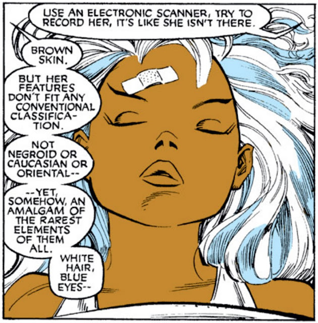 A single panel of a sleeping, youthful Storm. Someone off-panel says, 'Use an electronic scanner, try to record her, it's like she isn't there. Brown skin. But her features don't fit any conventional classification. Not negroid or caucasian or oriental--yet somehow an amalgam of the rarest elements of them all. White hair, blue eyes--'