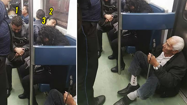 Abuelito viaja sentado en el piso del metro, mientras mujer se hace la dormida