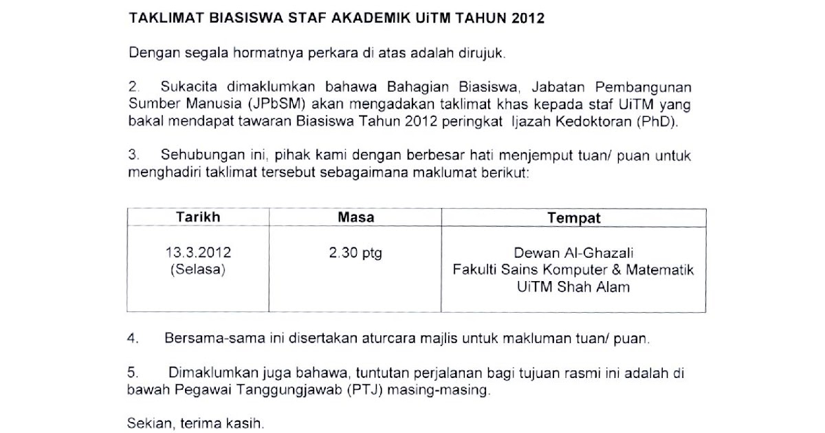 JPbSM: TAKLIMAT BIASISWA STAF AKADEMIK UiTM TAHUN 2012