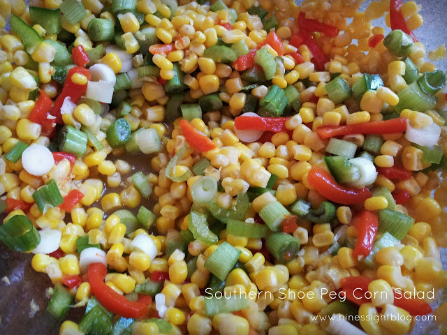 Shoe-Peg Salad is a popular Side dish with a sugar and vinegar base. It is a crowd favorite for church picnics and event side dishes. It is one of the most popular recipes from the HinesSightBlog. It also doubles easily for a crowd. 