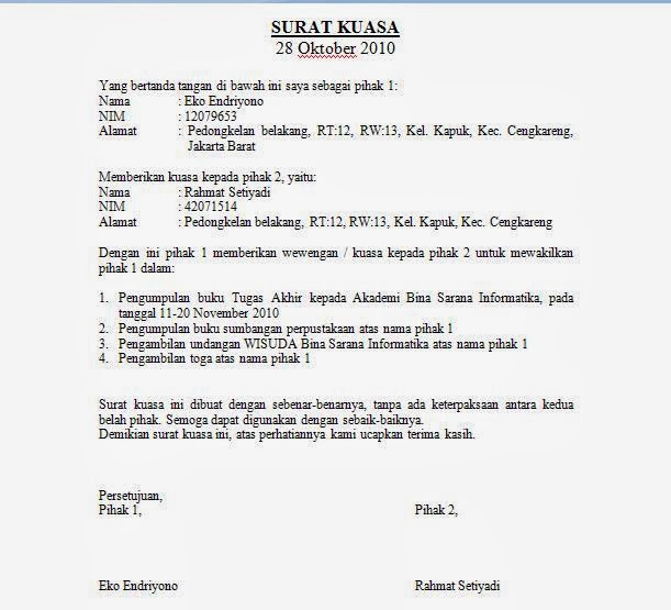 Contoh Surat Kuasa Khusus yang Benar, Baik dan Sah  Untuk 