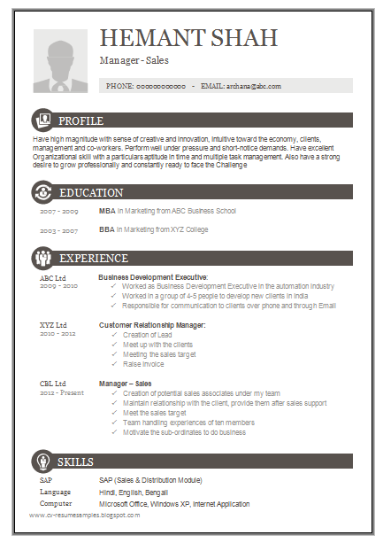 Free Download Link One Page Excellent Resume Sample for MBA - Sales ...