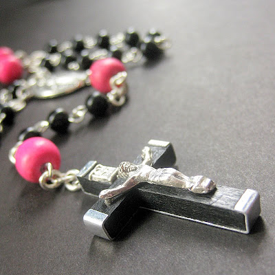 La Femme Goth Pink and Black Catholic Rosary