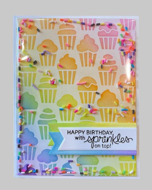 Happy birthday by Karen G. features Cupcakes by Newton's Nook Designs; #inkypaws, #newtonsnook, #birthdaycards, #stencilcards, #cardmaking