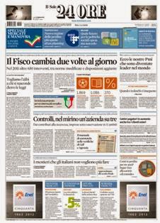 Il Sole 24 Ore del 6 Febbraio 2012 | ISSN 0391-786X | PDF HQ | Quotidiano | Economia | Finanza | Politica
Il Sole 24 Ore è il quotidiano economico più venduto tra quelli pubblicati in Italia e il terzo giornale d'informazione più venduto nel paese dopo il Corriere della Sera e La Repubblica.
La testata nacque il 9 novembre 1965 dalla fusione di due quotidiani: Il Sole, fondato nel 1865, e 24 Ore, nato nel 1946.