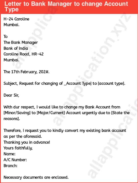 Letter to Bank Manager to Change Account Type