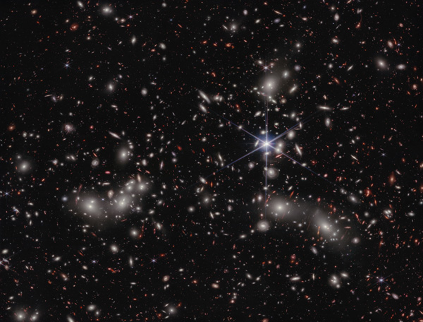 An image of Abell 2744, also known as Pandora's Cluster, that was taken by NASA's James Webb Space Telescope.