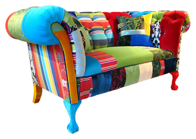 patchwork fabric, unique sofa, turquoise, red, green