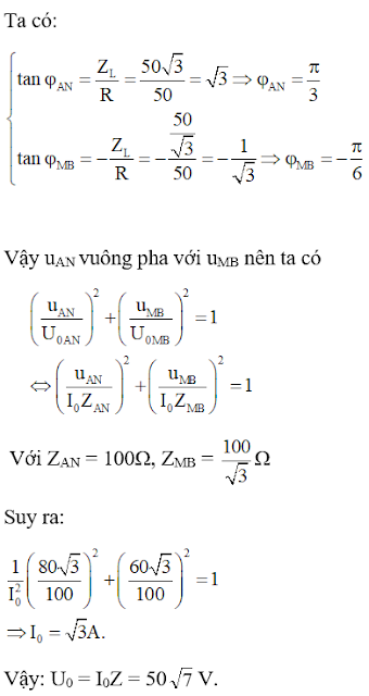 Đoạn mạch xoay chiều AB chứa 3 linh kiện R, L, C. Đoạn mạch AM chứa L, MN chứa R, NB chứa C, R = 50Ω, ZL = 50√3 Ω, ZC = 50/√3 Ω