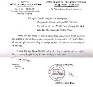 Trường Đại học Dược Hà Nội khẳng định không cấp bằng tốt nghiệp đại học ngành Dược cho ông Nguyễn Trọng Khanh (SN 22/01/1983).