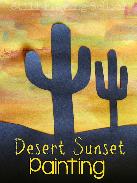 Kids can paint a desert sunset with watercolors