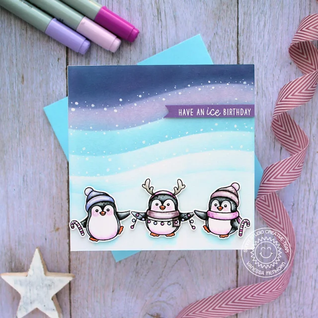 Sunny Studio Stamps: Penguin Pals Slimline Dies Winter Themed Birthday Card by Vanessa Menhorn