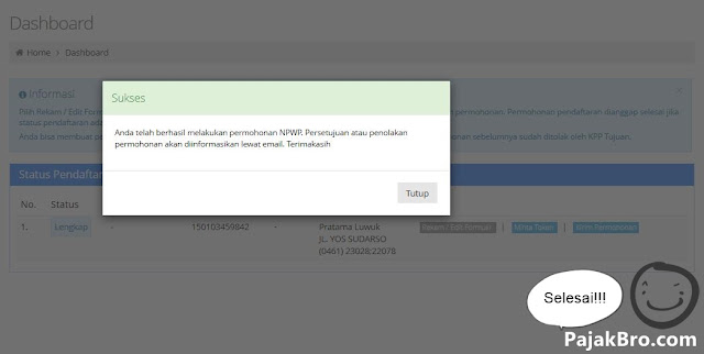 contoh pengisian pendaftaran npwp online berhasil