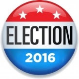 Red white and blue with white stars election button, reading ELECTION 2016