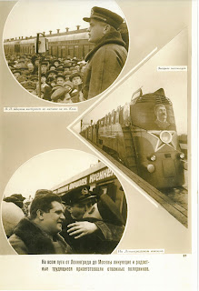 Photo montage of the arrival home of the scientists. It shows a train, hogs on the platform and a Soviet official adressing a crowd.