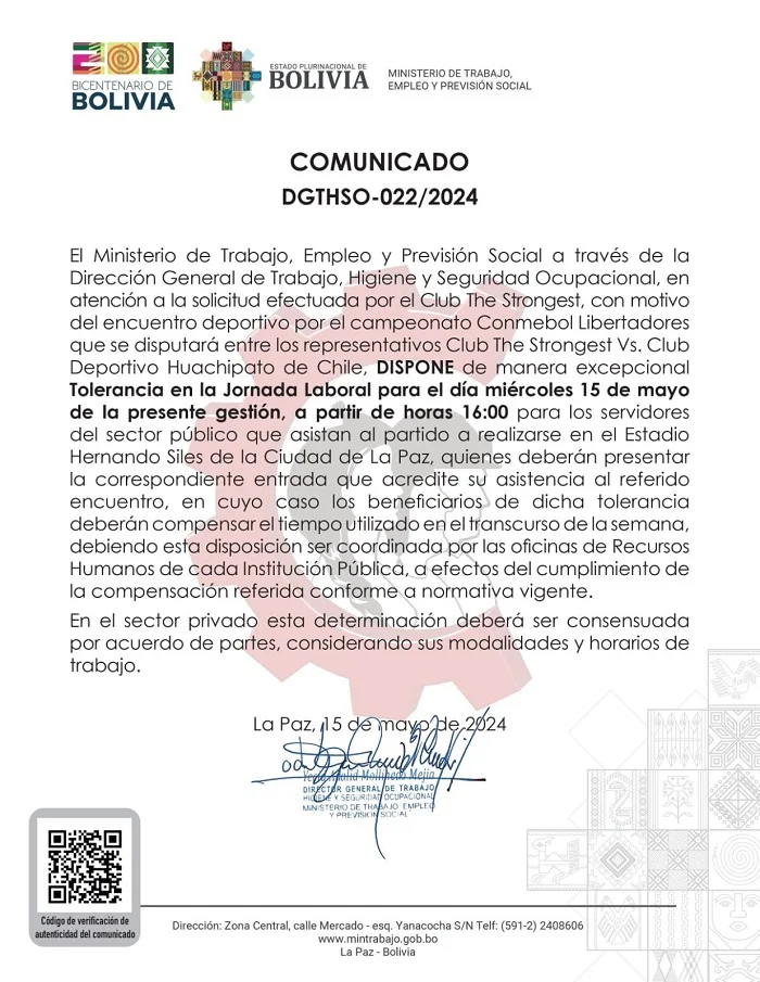 El Ministerio de Trabajo dispone tolerancia laboral para el The Strongest vs Huachipato