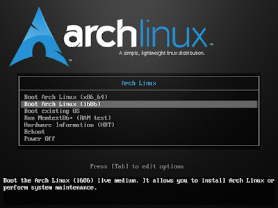 imagem do menu de boot da distribuição arch linux